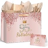 Yoirrat Rose Gold 95 & Fabulous 95th Birthday Gift Bag for Women Large Pink Happy 95th Birthday Gift Bag with Wrapping Paper and Card for 95th Bday Decorations Party Supplies