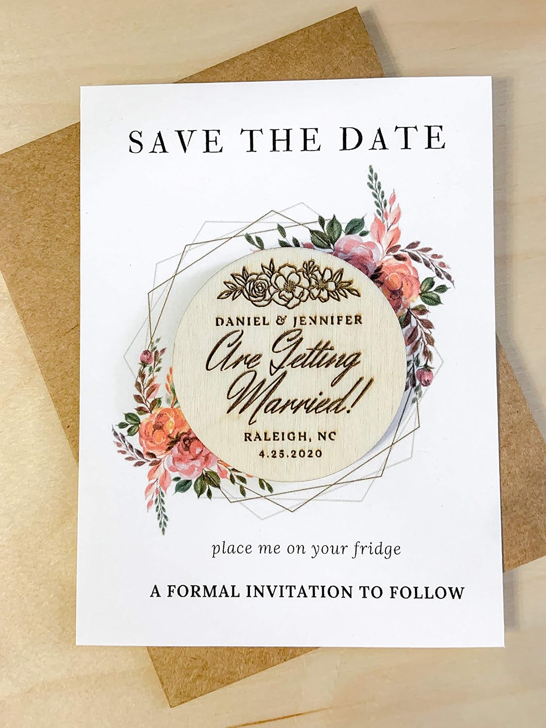 Amazon Com Wood Save The Date Magnet Personalized Save The Date Floral Geometric Save The Date Cards Engraved Wedding Invitations Rustic Wedding Handmade
