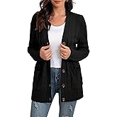 GRECERELLE Women's Long Sleeve Loose Knit Cable Open Front Button Down Cardigan Sweater Outerwear Coat with Pockets
