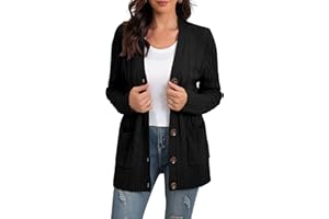 GRECERELLE Women's Long Sleeve Loose Knit Cable Open Front Button Down Cardigan Sweater Outerwear Coat with Pockets