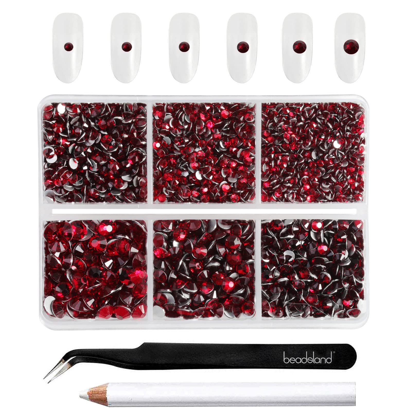 Beadsland 4300pcs Flatback Nail Rhinestones,Dark Red Rhinestones Round Crystal Gems for Crafts,Mixed 6 Sizes with Picking Tweezers and Wax Pencil Kit, SS6-SS20,Dark Siam — image 1