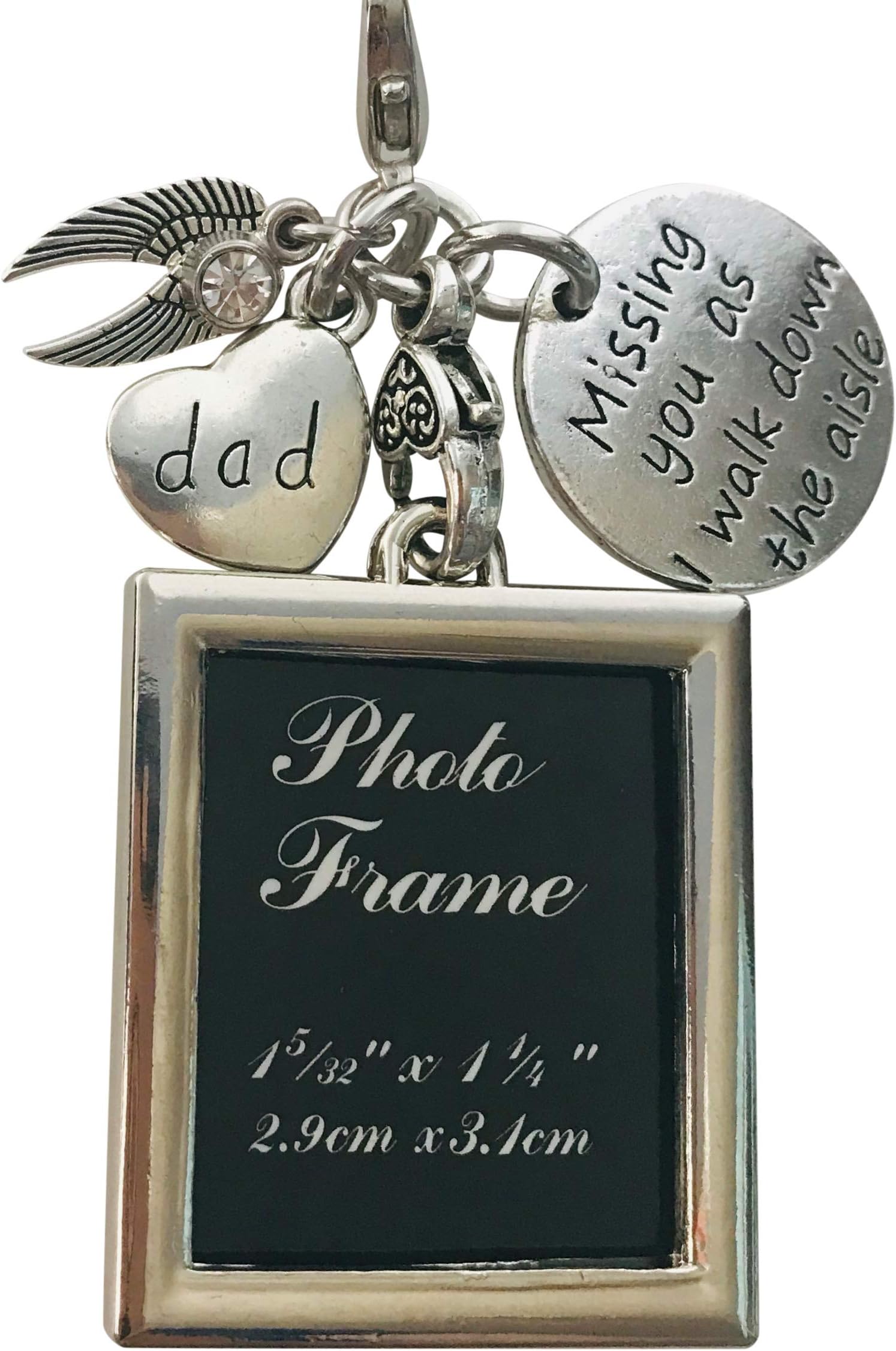 Silver Bridal Bouquet Photo Charm Missing You As I Walk Down The Aisle Wedding Memorial Gift for Dad