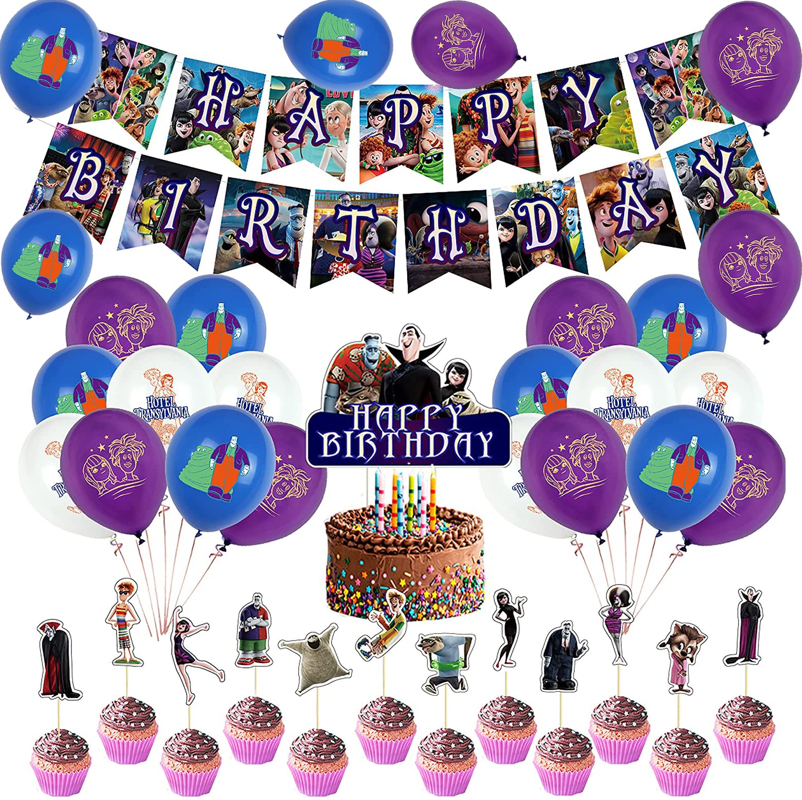 Birthday Decoration Hotel Transylvania Balloons Cake Decorations Happy Birthday Banner Cupcake Toppers Birthday Balloons for Kids Anime Theme Party Decorations Supplies Baby Shower Birthday Gifts