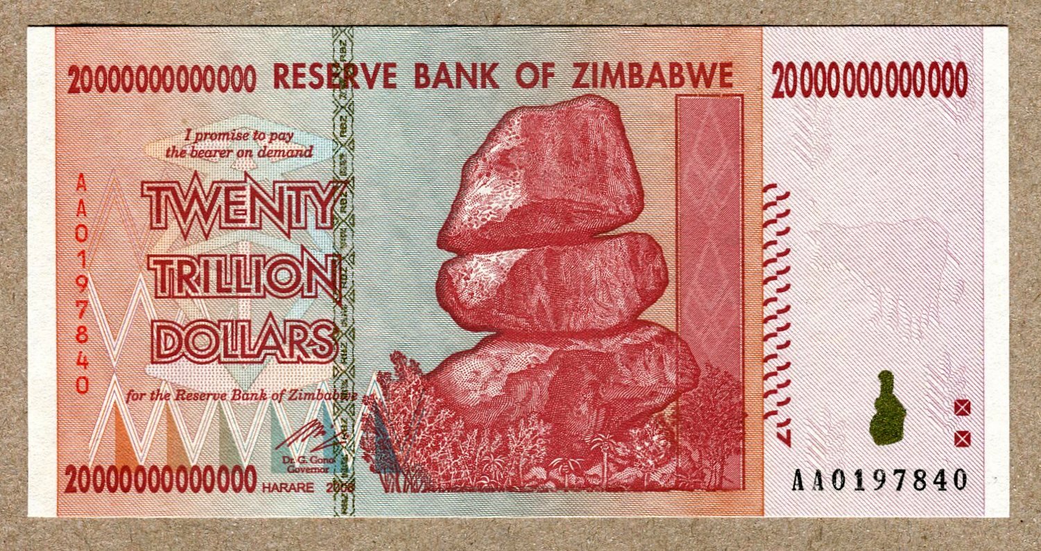 RBZ Collectibles Zimbabwe 20 Trillion Dollar EXTREMELY LOW Serial AA01... Note Bill Money Inflation Record Currency Banknote by Zimbabwe Central Bank