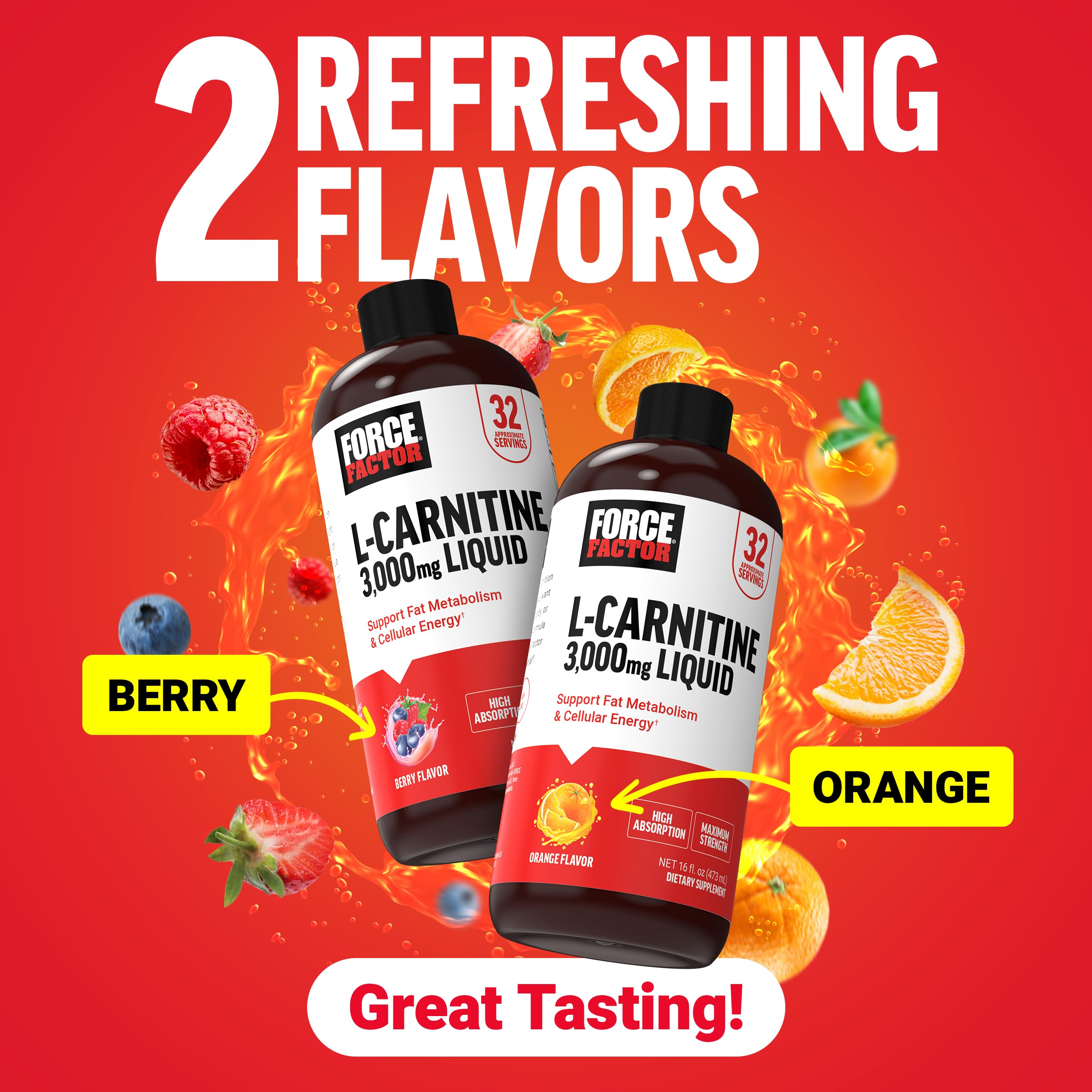 Force Factor L-Carnitine Liquid 3000mg, Maximum Strength Supplement to Support Fat Metabolism, Cellular Energy & Muscle Recovery, High Absorbing, Non-GMO, Berry Flavor, 16 oz Bottle