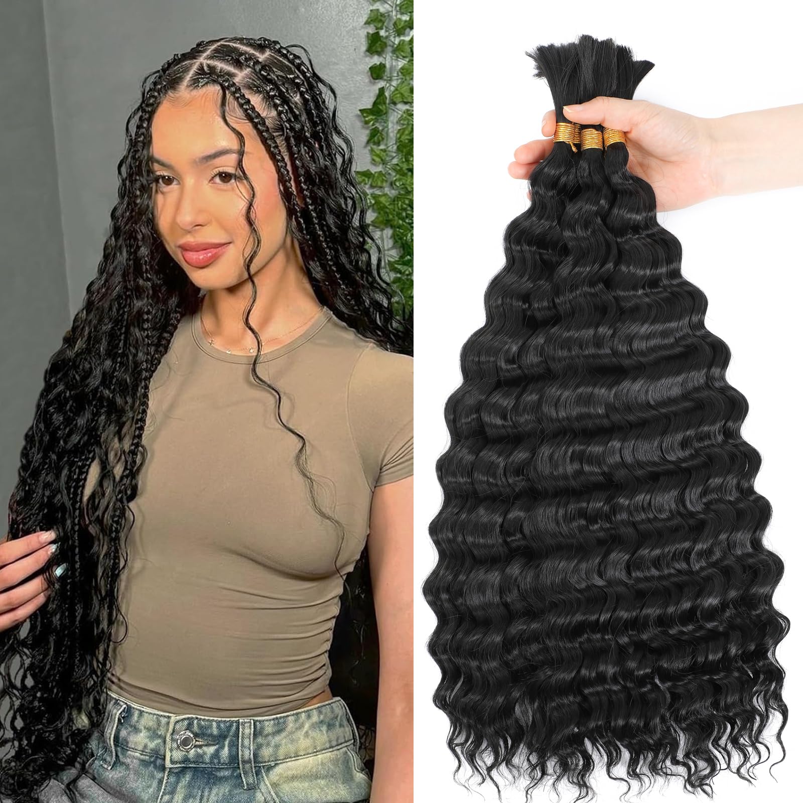 LPARMJIT Deep Wave Bulk hair for Braiding 18 inch 2 Bundles/Pack No Weft for Braiding Wavy Synthetic Braiding Hair Extensions for Boho Braids (1B, 18inch(3pack)) — image 1
