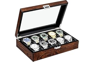 BEWISHOME Watch Box, 10-Slot Wooden Watch Case, Mens Watch Box for Men Watch Storage Organizer, Watch Holder Watch Display Case for Anniversary Birthday Brown SSH10Y