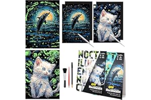 BULCHIGN Scratch Paper Art Paint by Scratch Kit Adult, Noctilucent Arts and Crafts for Adults&Teens with Scratchboard Tools 16"x11.2" Rainbow Painting(White Cat&Dream Dolphin)