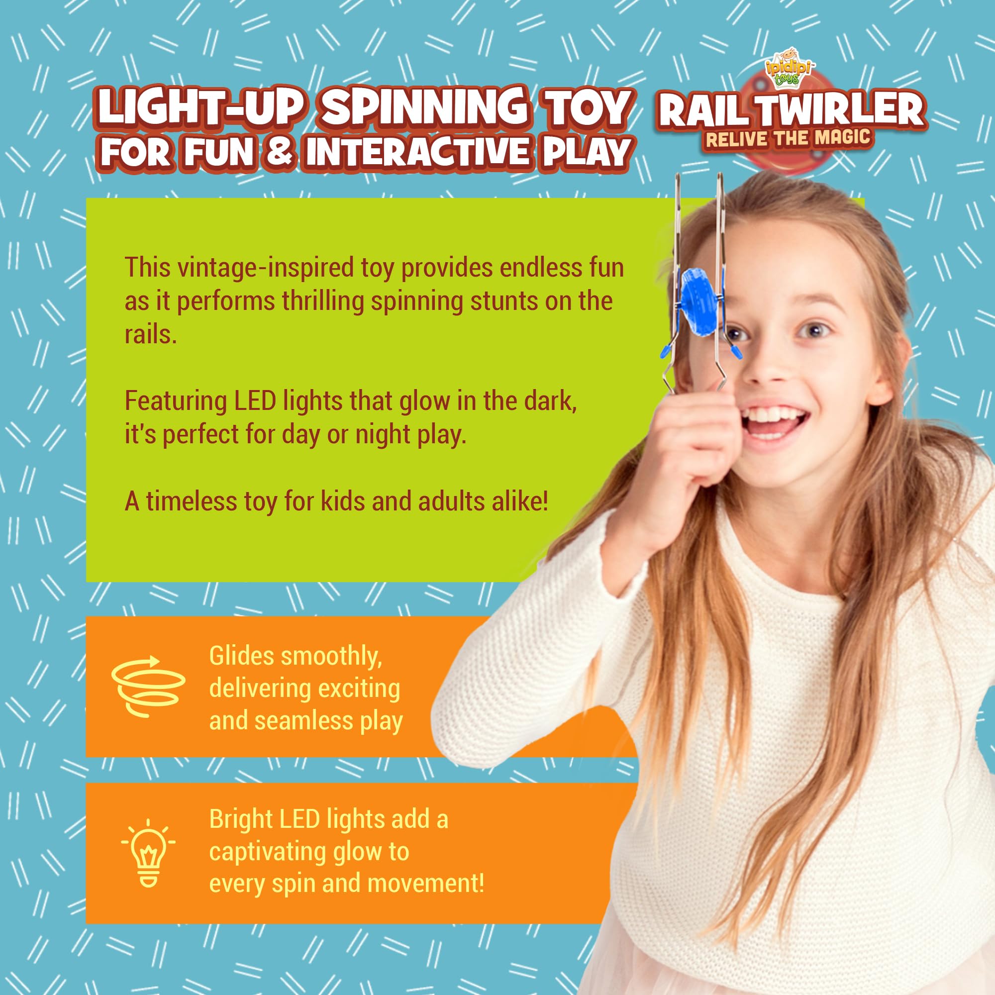 Retro Magic Rail Twirler - 3 Pack - Light Up Magnetic Stocking Stuffers For Kids - Sensory Toy With Spinning Wheel and Flashing LEDs | Rail Twister Vintage Fidget Toy for Adults & Children | 3 Colors