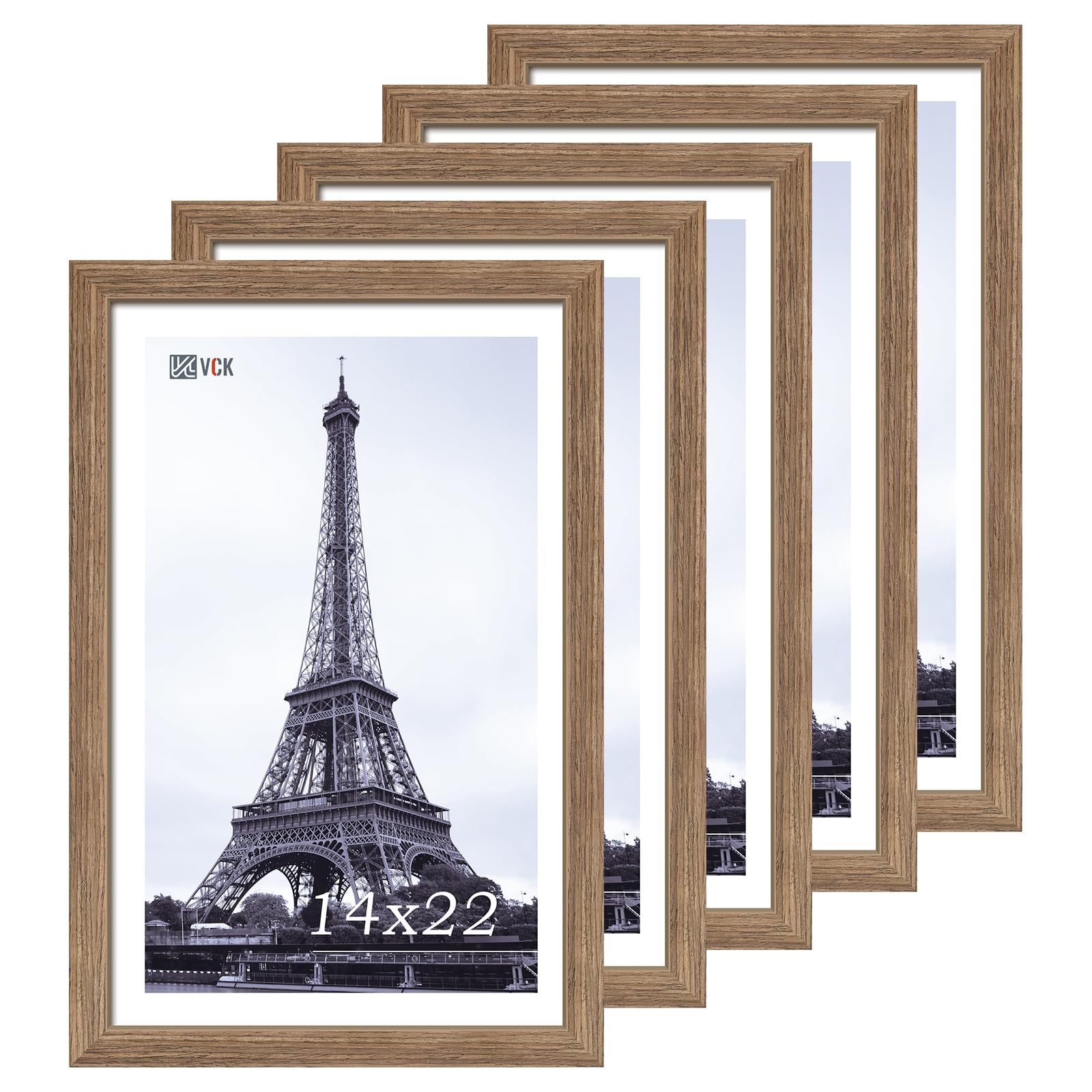 VCK 14x22 Picture Frame 5 Pack - Brown Walnut, Natural Textured Solid Wood Frame, Wall Gallery Frame
