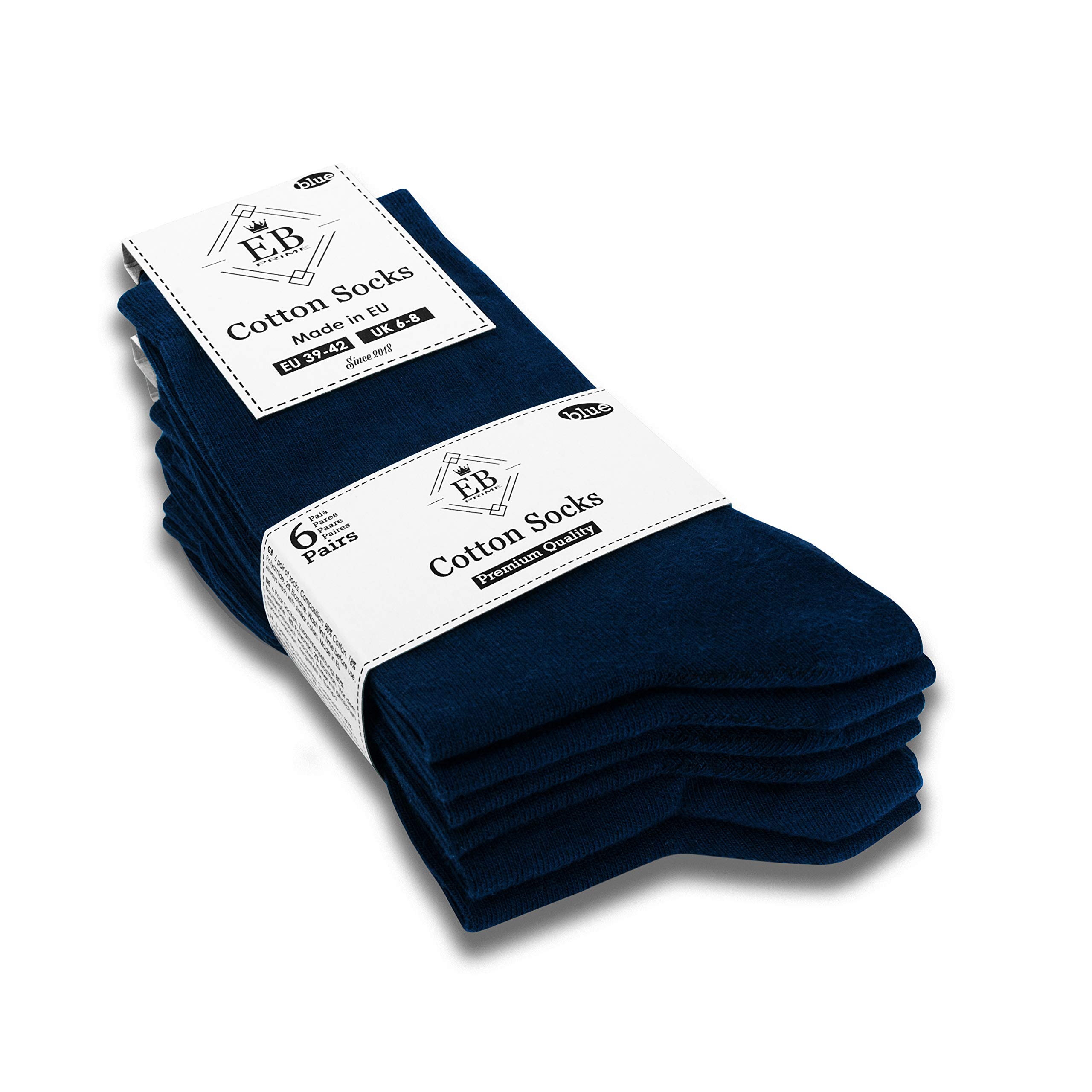 EB Prime Cotton Socks for Men and Women, 6 Pairs, Size UK 6-8, Business Socks, Blue, Classic Socks, Comfortable, Breathable, Best quality for long durability, Made in the EU.