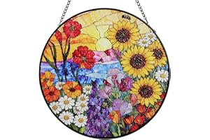 Allinside Stained Glass Sunflower, 8 Inch Stained Glass Suncatcher, Windows Hanging Flower Cross Christian Stained Glass Gift