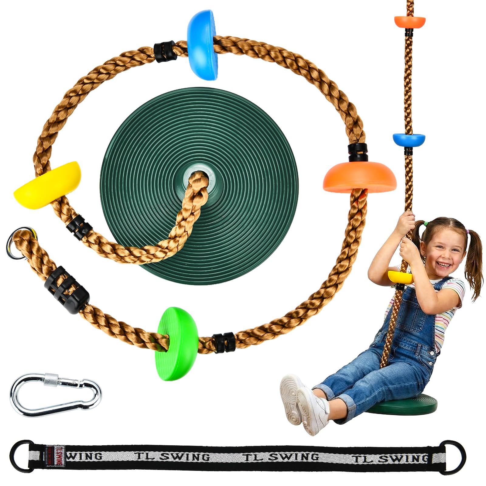 HeyZoo Tree Swing for Kids 330LB Capacity, Climbing Rope with Platforms and Disc Swing Seat Set Outdoor Backyard Playground Accessories with Carabiners and Thickened Strap, Green