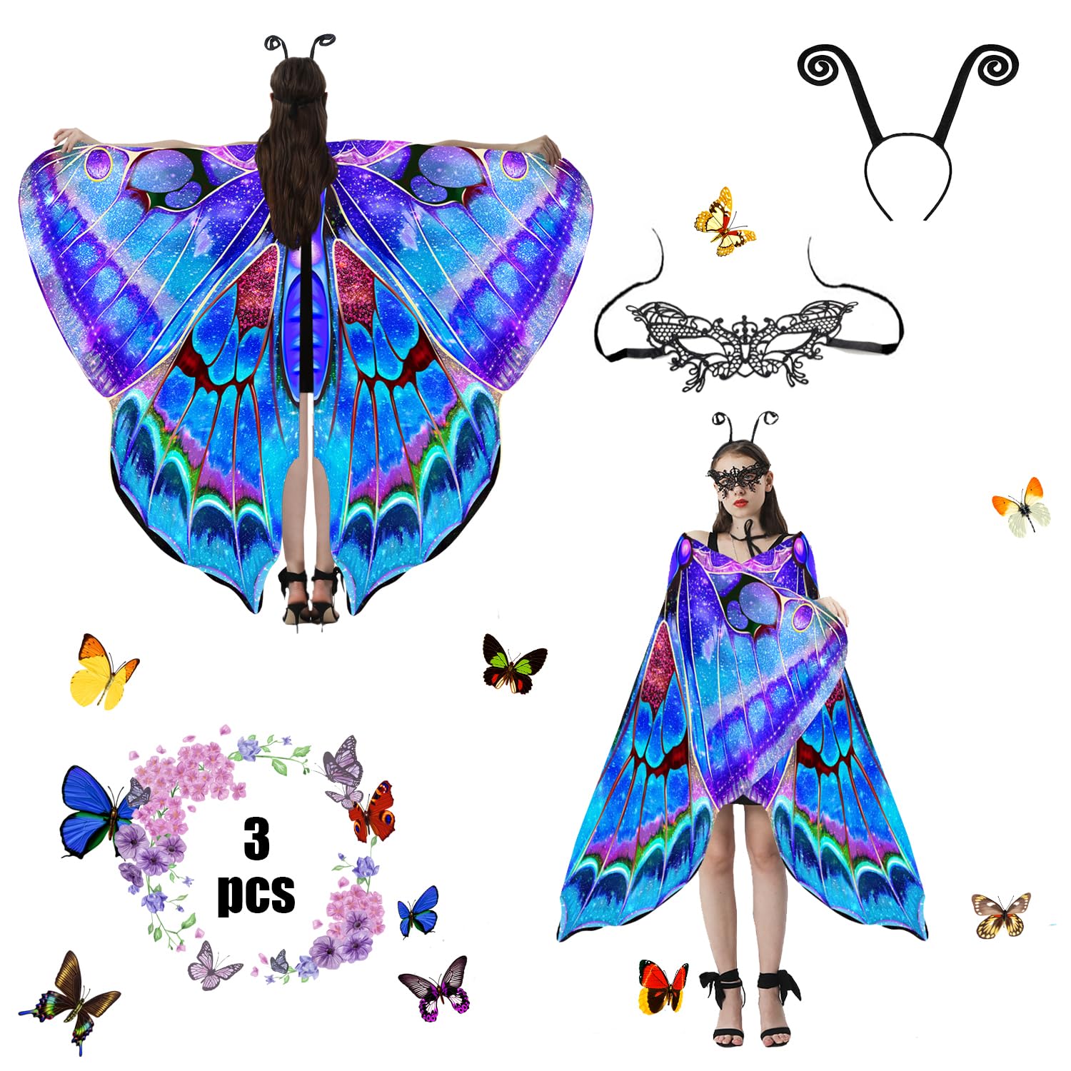 Jeackcelle Butterfly Costume Women's Halloween Costume Cape, Fairy Wings Fancy Dress Butterfly Wings Ladies Carnival Costume for Halloween Carnival Party Cosplay Dancing (StarBlue)