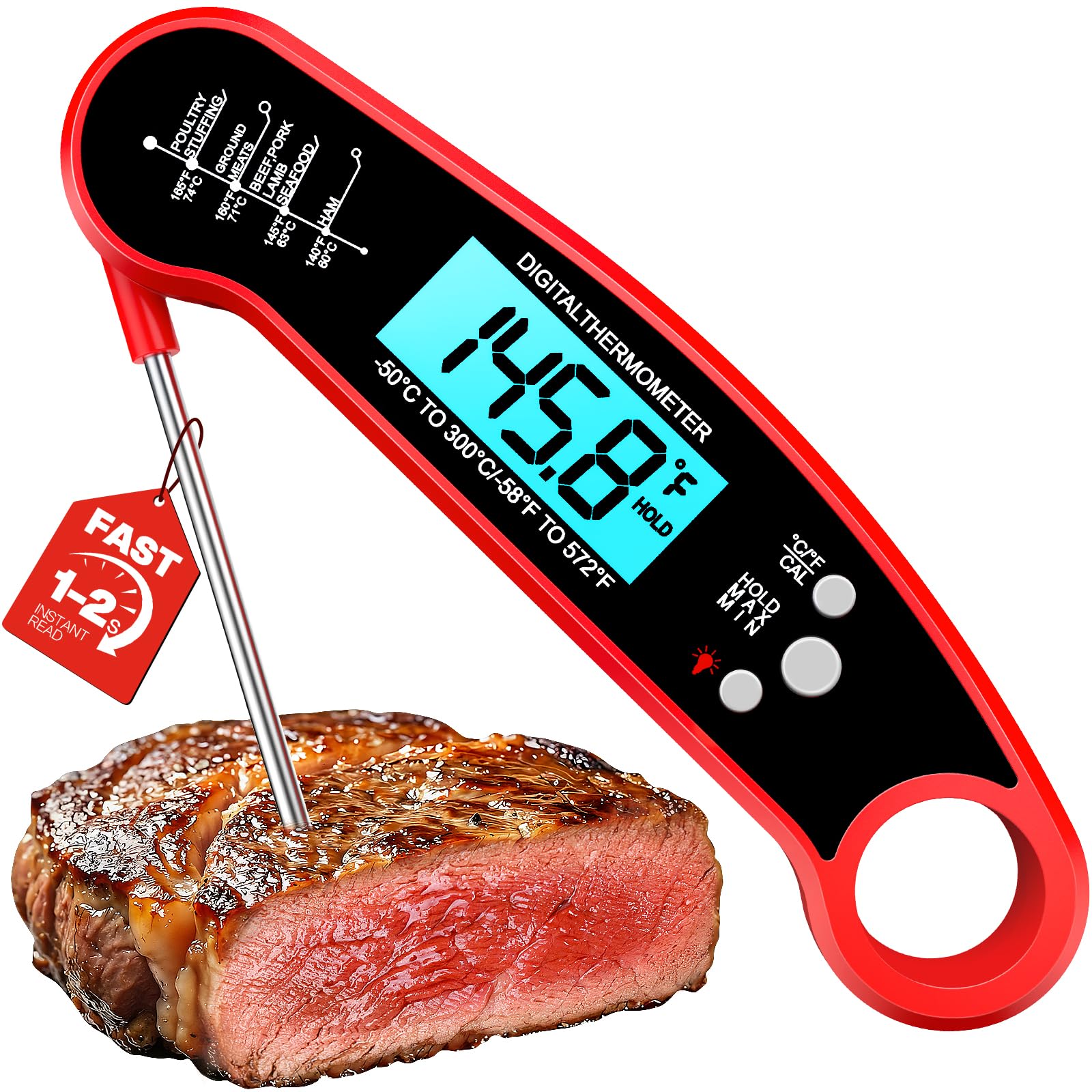 Photo 1 of Meat Thermometer Digital - Instant Read Food Thermometer for Cooking Grilling, Candy, Air Fryer, Griddle Probe Kitchen Gadgets Essentials BBQ Accessories, Gifts for Men, Mom, Dad, Red