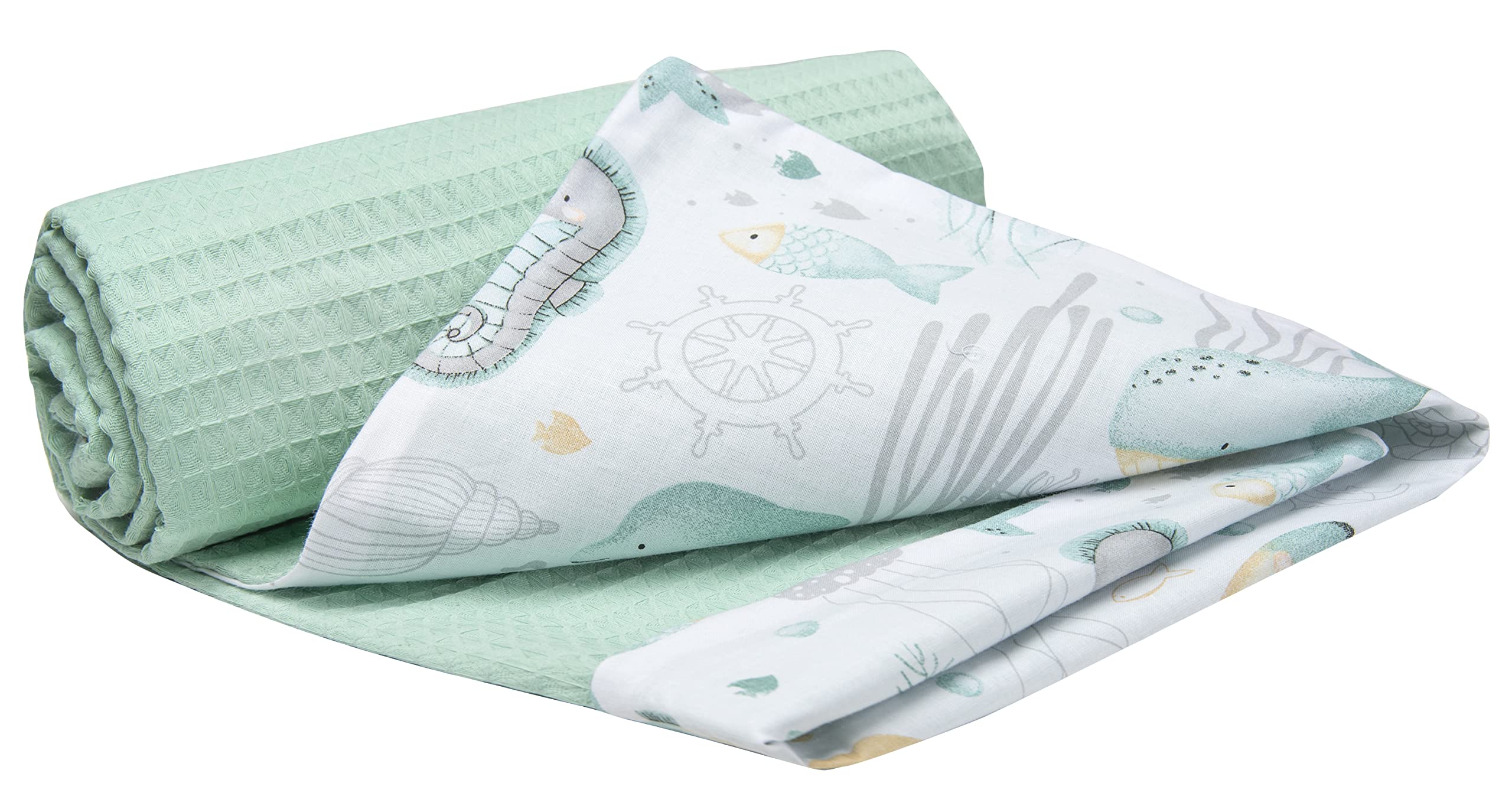 Medi Partners Baby Blanket Newborn Pram Soft 100% Cotton 75x100 Cot Toddler Comfort universal Cuddly Fluffy Crawling Plush bilateral Blankets (Ocean with mint Waffle)