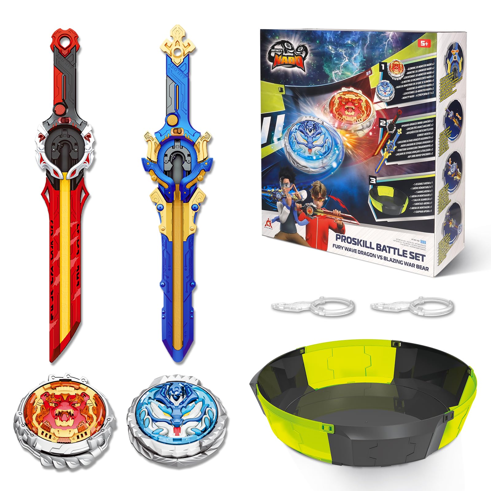 INFINITY NADO Battle Set with Modular Stadium Arena, 2PCS Sword Launchers Infinite Acceleration, Metal Glowing Battle Top, Attack vs Balance Type Right/Left-Spinning Top Game Toys for Boys Girls 5+
