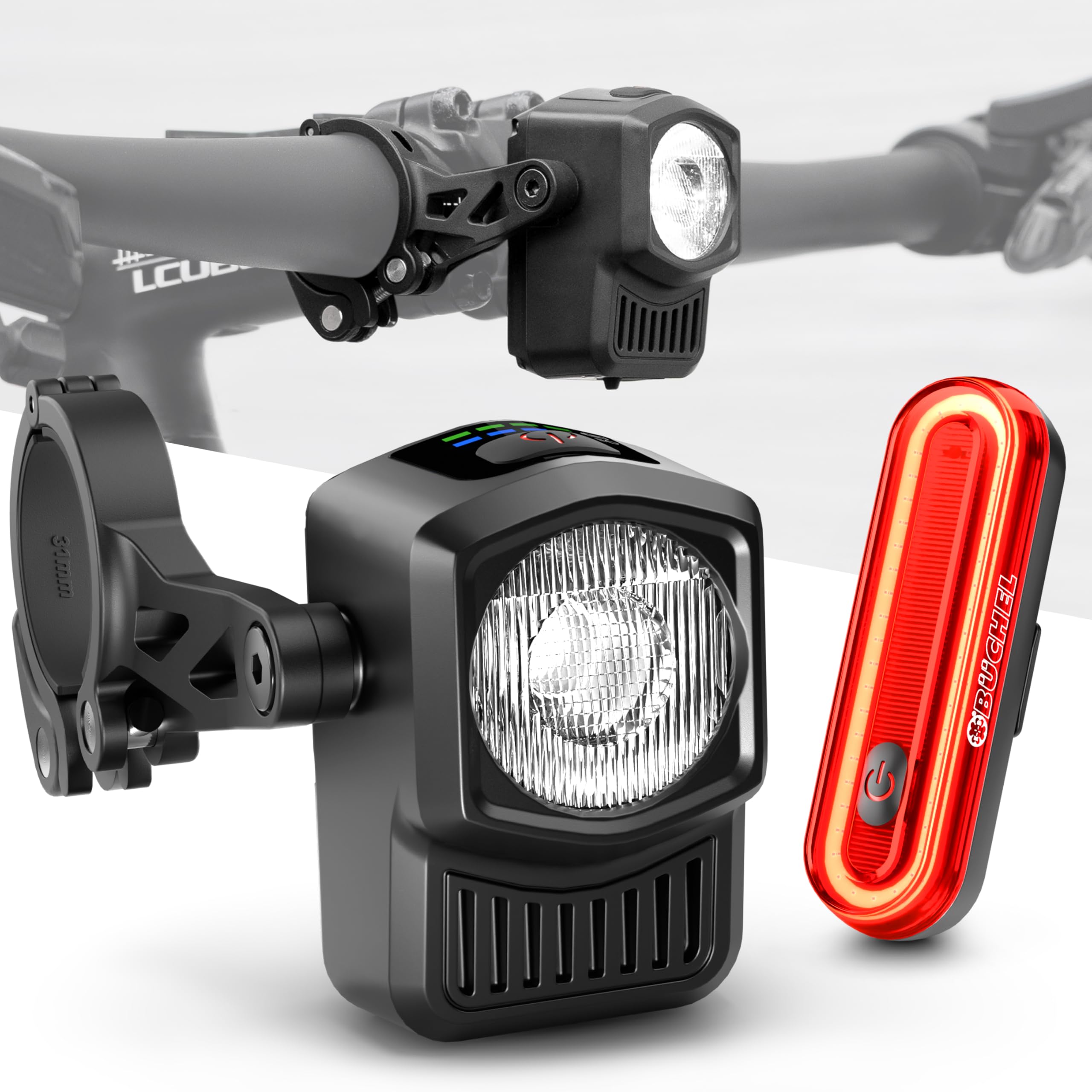 BÜCHEL Fahrradlicht Set - USB-C Fahrrad Lichter LED Set mit 8h Leuchtdauer & Kontrollanzeige - 4‑Modi Vorderlicht (15–60 Lux) - StVZO-Konform (Lichtset, LED Frontlicht 30–60 Lux & COB Rücklicht)