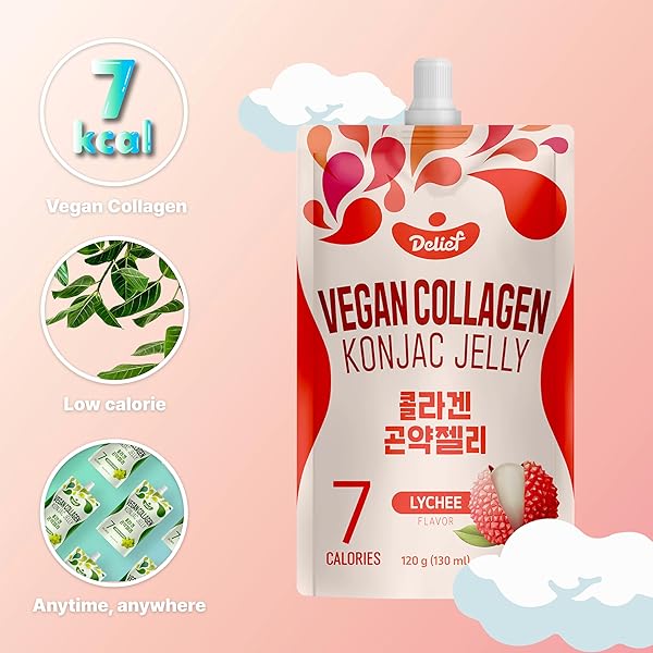 DELIEF VEGAN COLLAGEN KONJAC JELLY (LYCHEE FLAVOR) 120G X 10 PACKS – LOW-CALORIE FRUIT GEL SNACK, GLUTEN-FREE, PLANT-BASED, 7 KCAL PER POUCH