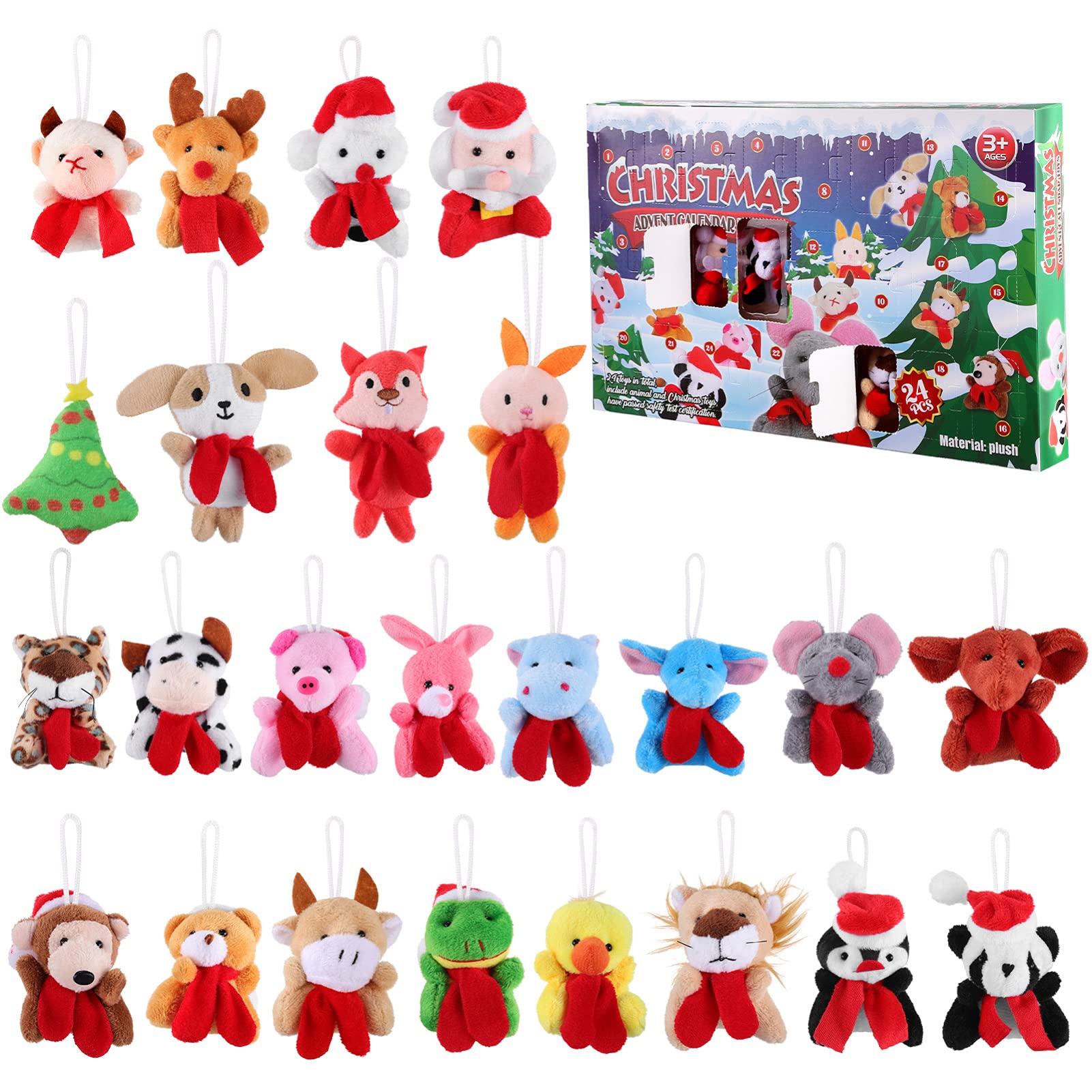 Toddmomy 24Pcs Christmas Advent Calendar Mini Animal Plush Toys Christmas 24 Days Countdown Advent Calendar with Animal Plush Toys for Kids Tree Decor