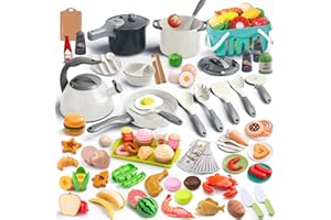 Funpynani 130Pcs Kitchen Playset, Toddler Pretend Cooking Play Pots, Pans, Utensils Cookware, Daily Food Fruit Veges, Shopping Storage Basket, Dessert, Prop Money, Learning Gift for Child （White）