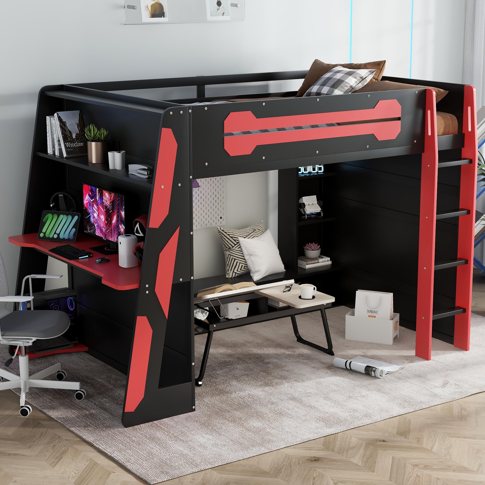 Photo 1 of **** BOX 1/2 MISSING 2/2***      Full Size Wood Gaming Loft Bed with Desk, Full Loft Bed with Multi-Storage Shelves, Light and Charging Station for Teens, Adults Desk Built-in Console Shelf Underneath No Box Spring Needed, Red