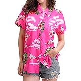Hawaiian Shirt for Women Funny Luau Party Flamingo Cool Summer Floral Tropic Print Short Sleeve V Neck T-Shirt Button Up Tops