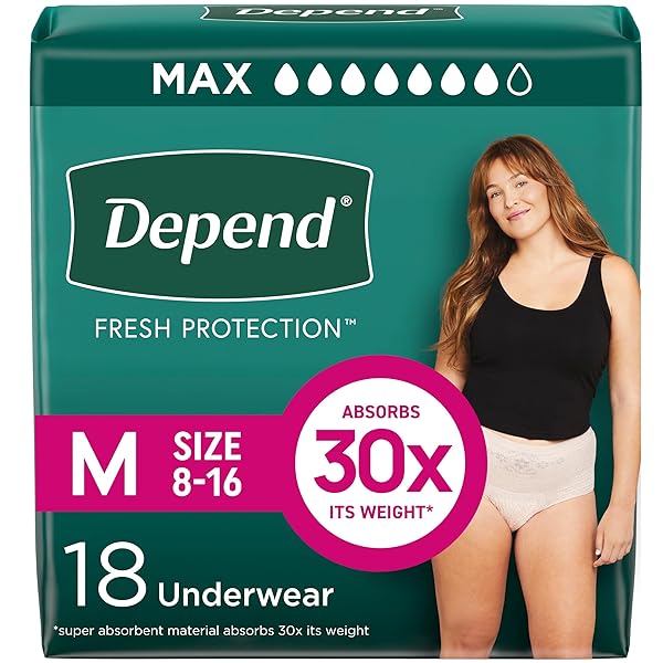 DEPEND FRESH PROTECTION ADULT DIAPERS, INCONTINENCE & POSTPARTUM BLADDER LEAK UNDERWEAR FOR WOMEN, DISPOSABLE, MAXIMUM, MEDIUM, BLUSH, 18 COUNT, PACKAGING MAY VARY