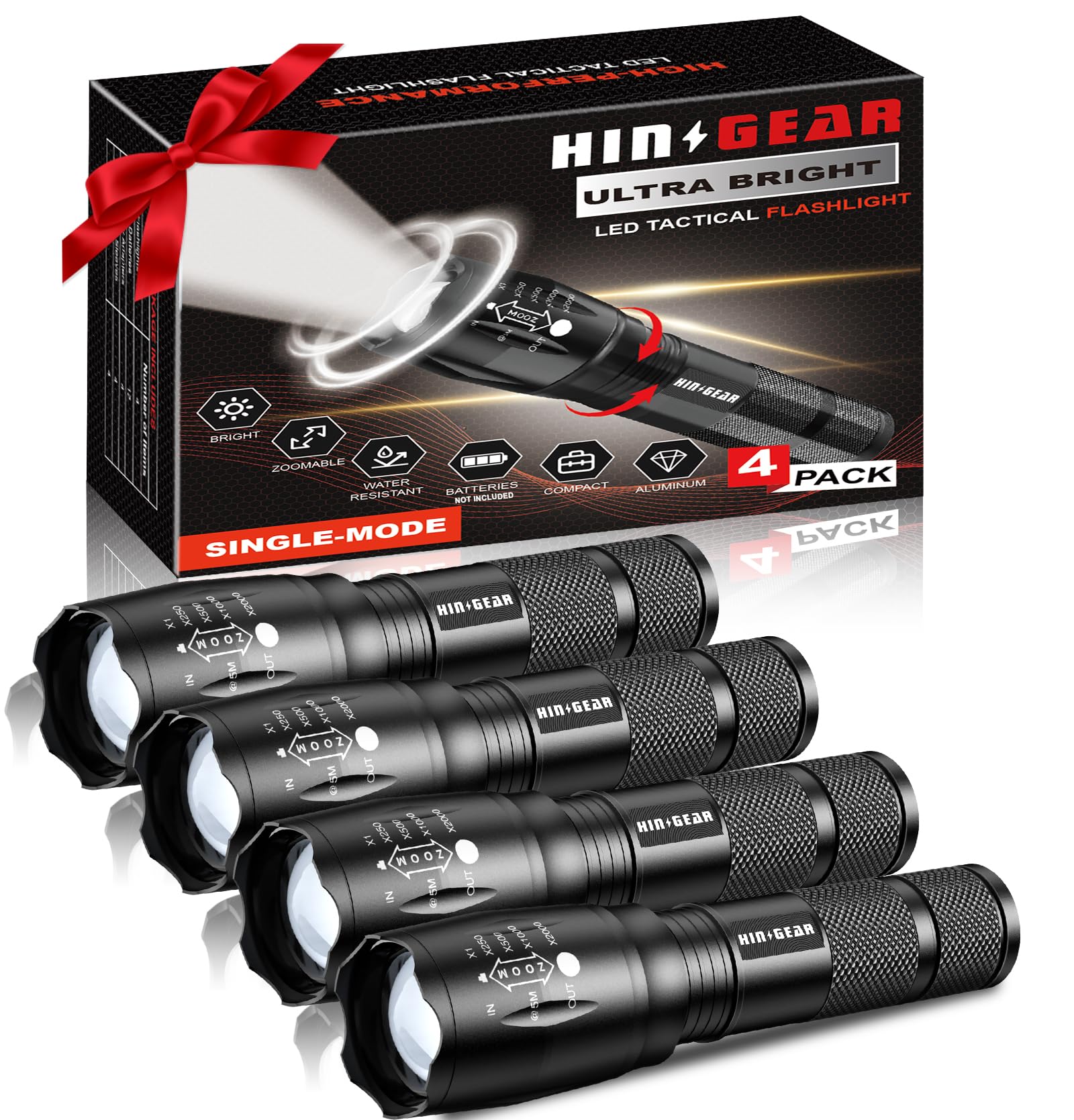 Photo 1 of HinsGEAR 1 Mode Flashlights 4 Pack, Super Bright Zoomable LED Tactical Flashlight High Lumens, Water Resistant Portable Pocket Flash Light for Emergency, Camping, Home, and Gift - SL2000