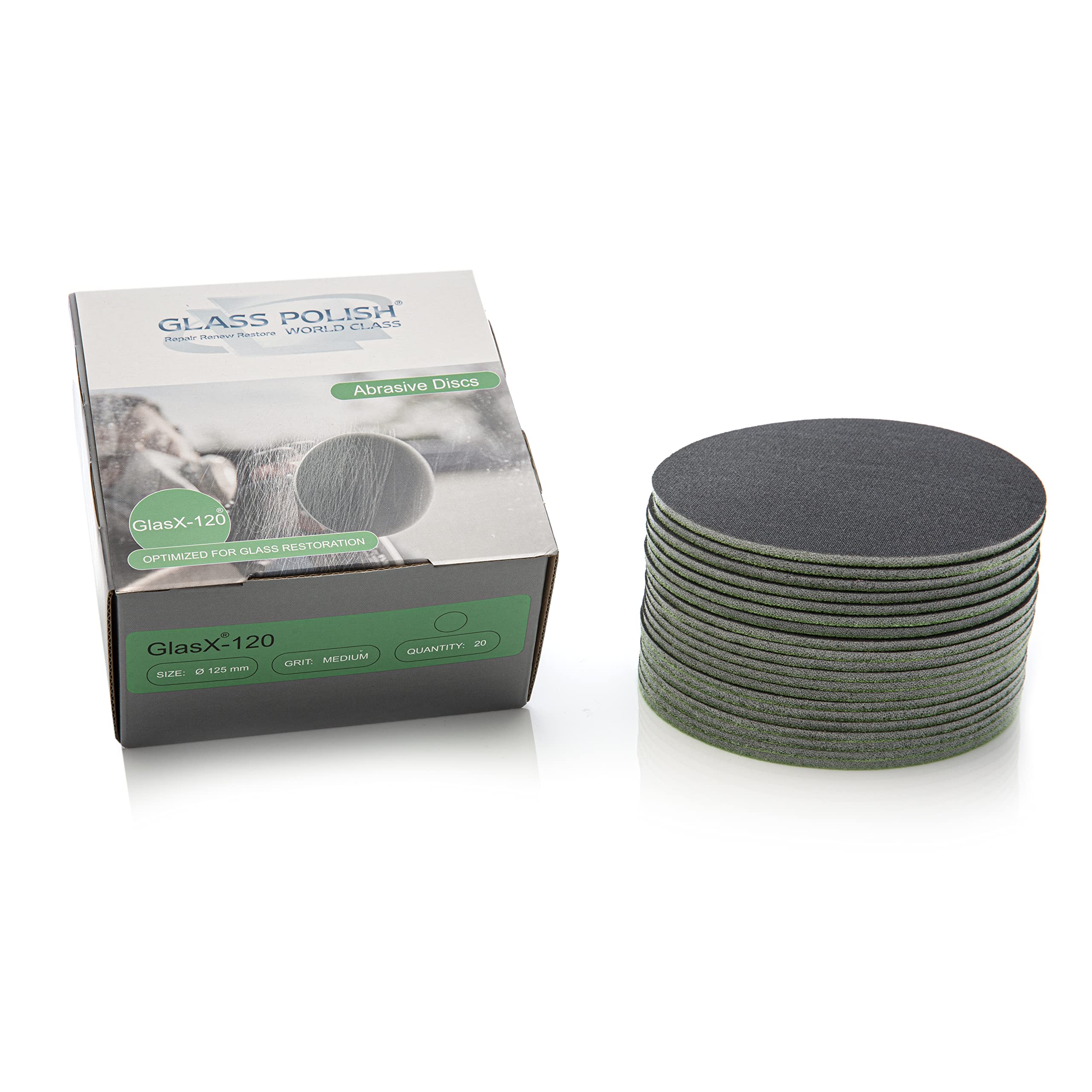 Glass Polish 5 inch (125mm) 180 Grit Pack of 20 Sanding Discs for Rotary Polisher - GlassX Foam Backed Silicon Carbide Abrasive P180 - GP14503