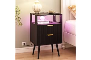 JOONEE Black Nightstand with Charging Station and LED Lights,Modern Bedside Table with 2 Storage Drawer and Open Wood Shelf, for Bedroom and Small Spaces,Night Stand with Solid Wood Legs,Black