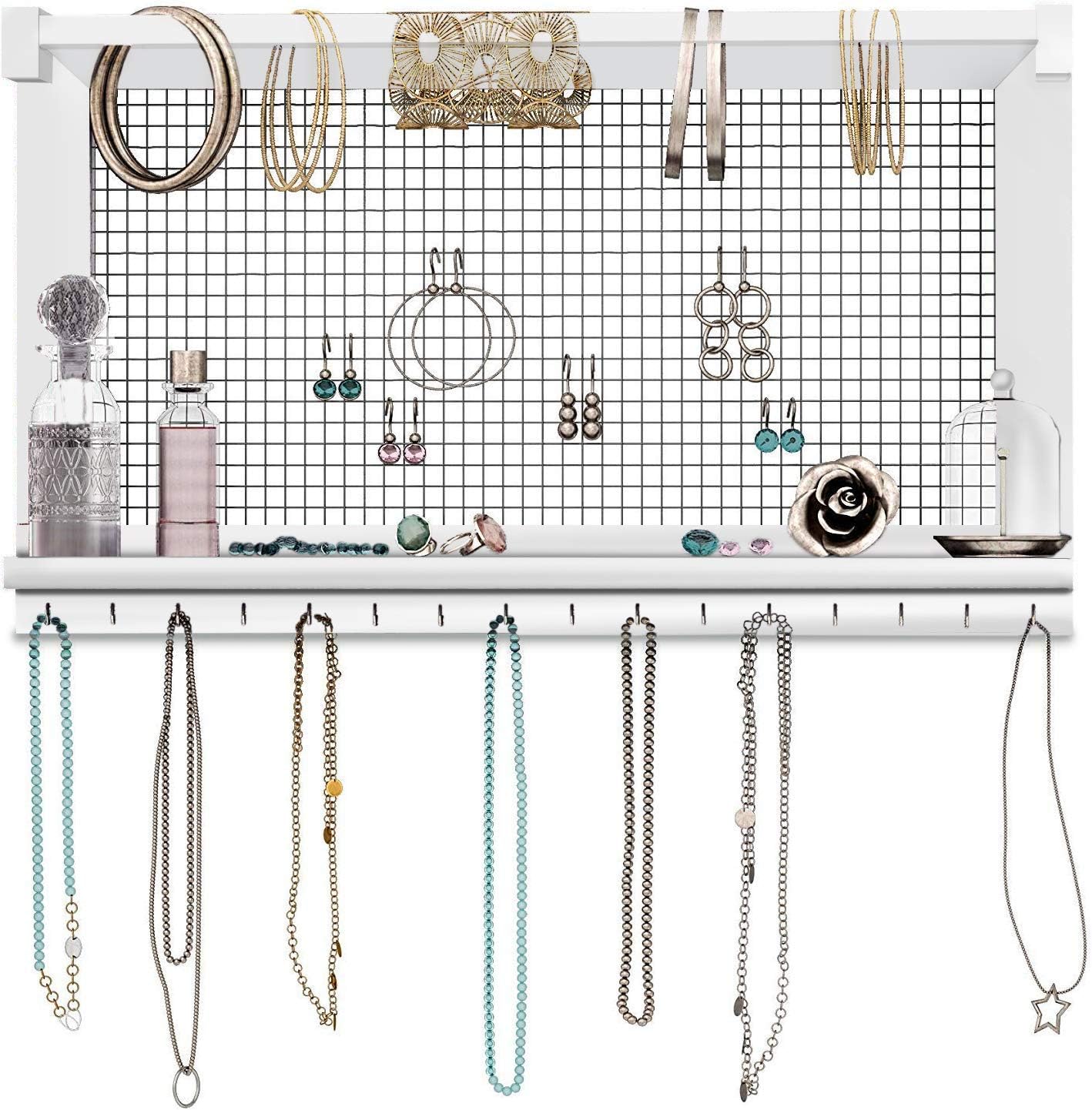 ComfifyRustic Jewellery Organizer - Wall Mounted Jewellery Holder Organizer with Removable Bracelet Rod and 16 Hooks - Perfect Earrings, Necklaces and Bracelet Holders
