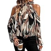 GORGLITTER Women's Cold Shoulder Long Sleeve Halter Tops Blouse Trendy Dressy Casual Fall Boho Colorful Blouses Shirt