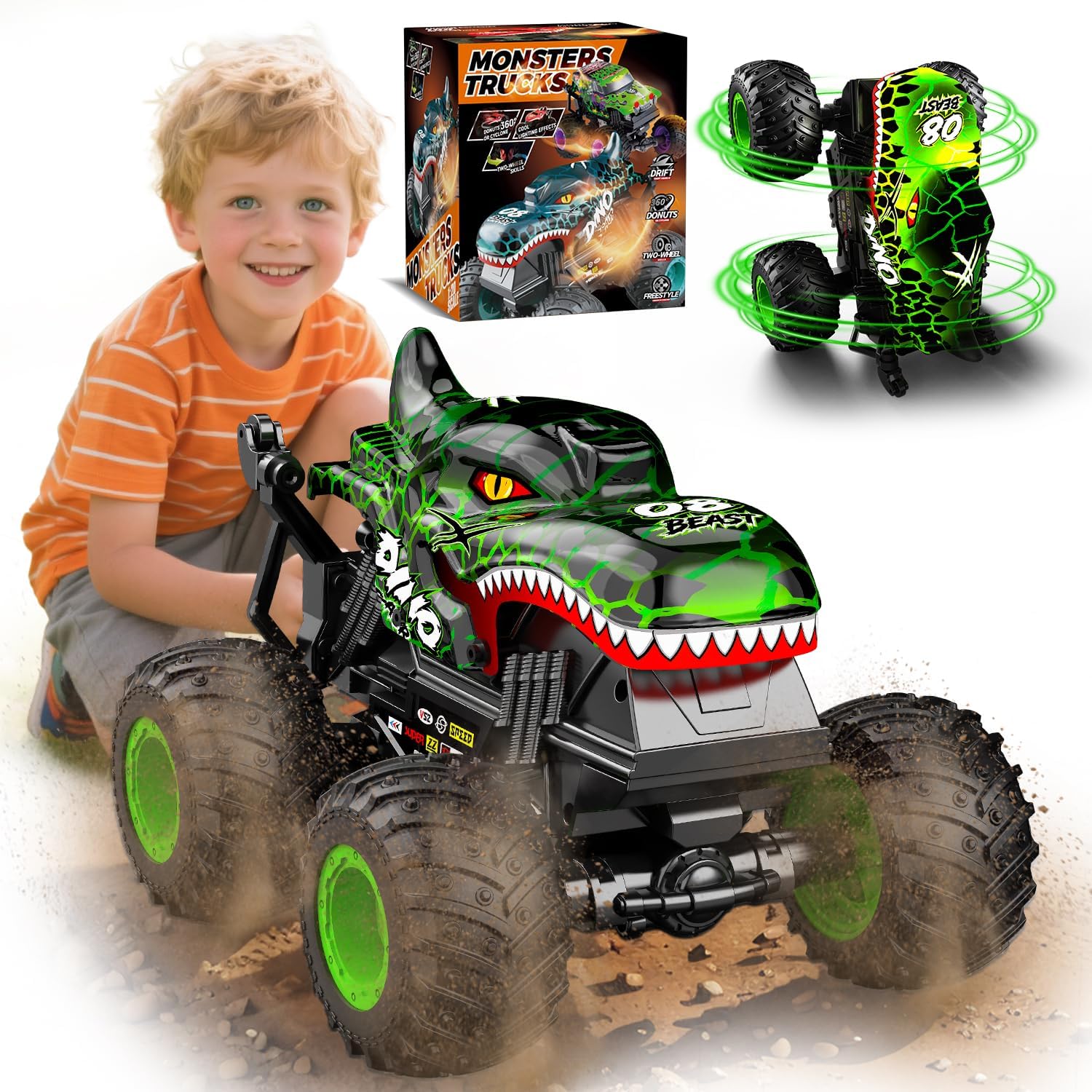 Gohero Monster Truck Toys for Kids, 1:20 Dinosaur Toys RC Car Truck with 360° Spins & Drifting, 2.4GHz All-Terrain Monster Trucks for Boys Age 4-7 | with LED Light, Music & 2 Rechargeable Batteries.