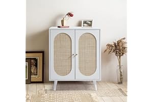 QHITTY Rattan Sideboard Buffet Cabinet, Accent Kitchen Storage Cabinet Console Table with Adjustable Shelves for Living Room, Dining Room, Bedroom (White)