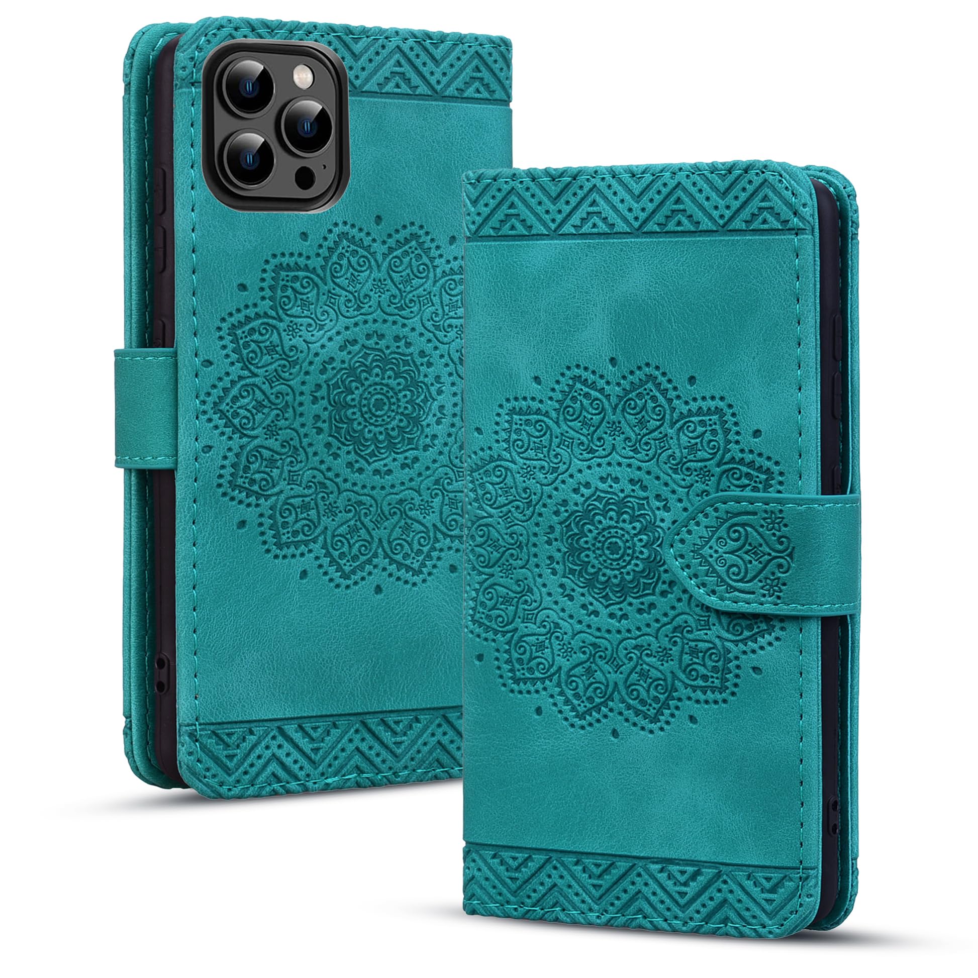 Rosbtib Case for iPhone 16 Pro Max Case Mandala Embossed Leather Case with Magnetic Closure Stand Function Card Slots Cover for iPhone 16 Pro Max 6.9 inch 2024 - Green