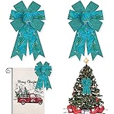 Glodecart Peacock Bow for Wreath, Blue Green Glitter Peacock Wreath Bow for Christmas Decor, Front Door Indoor Outdoor Wall Tree Topper Decoration Supplies, Birthday Hanging Ornament