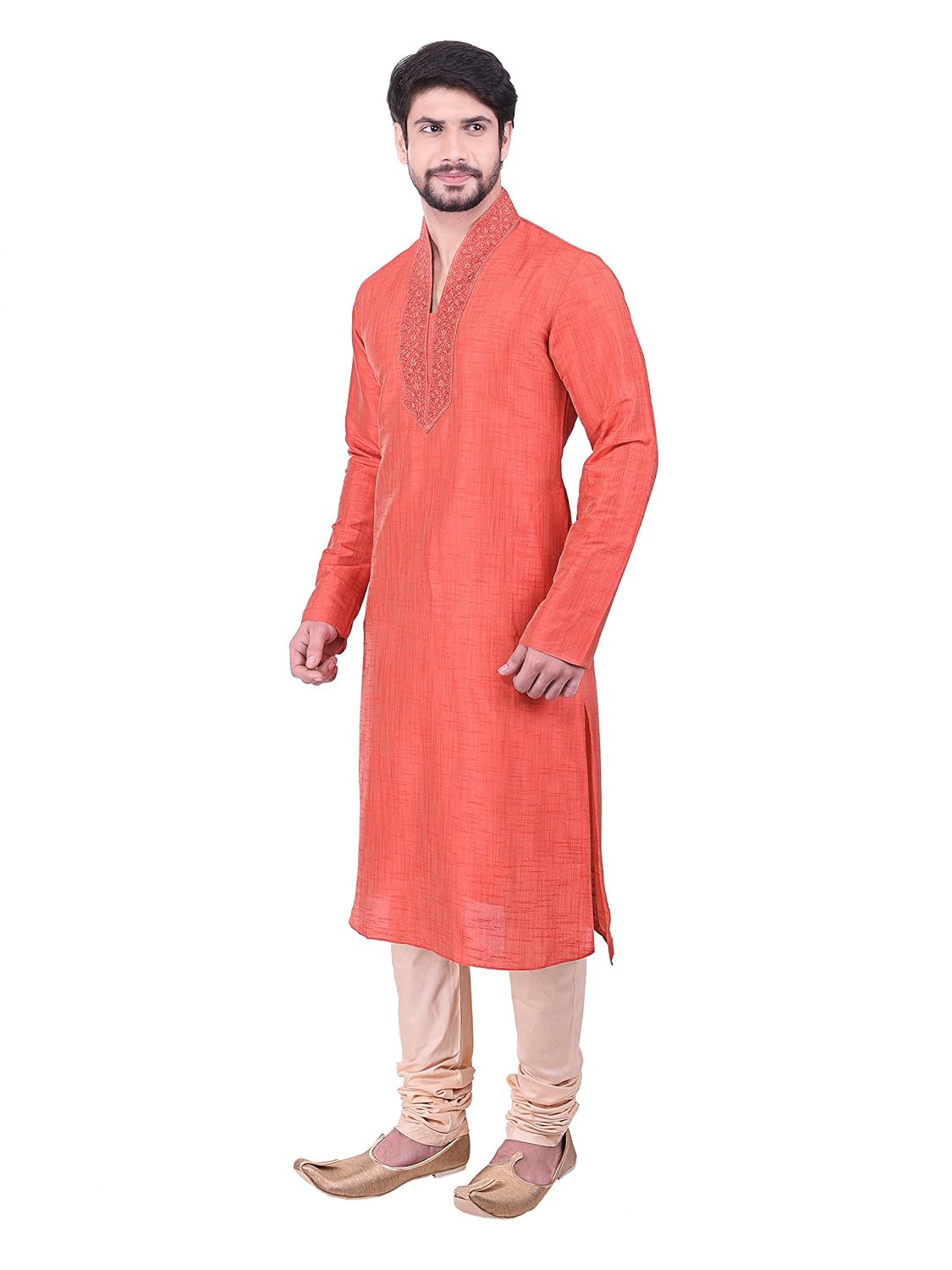 manyavar men's peach full sleeve designer kurta set