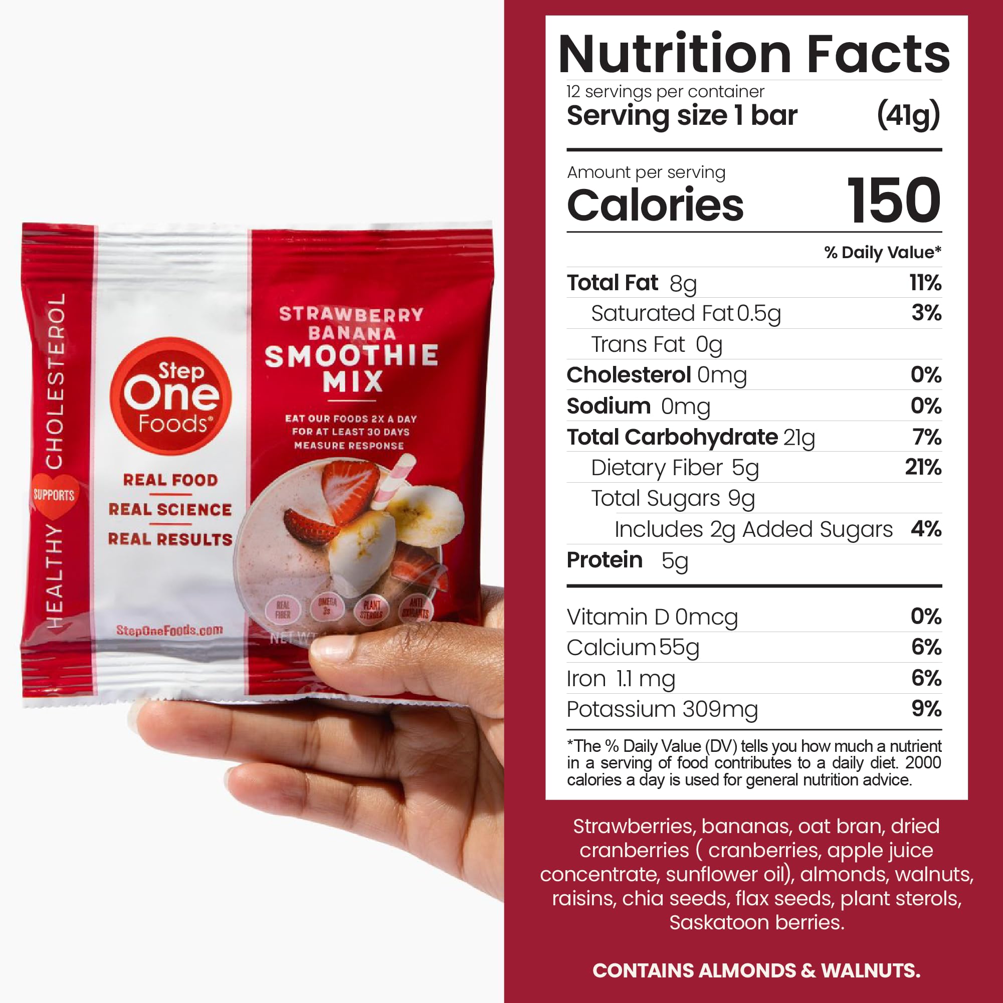 Step One Foods Strawberry Banana Smoothie Mix, Heart Healthy Snack Plant Sterols, Omega 3's and Dietary Fiber Gluten Free Vegan Non-GMO, Individual Packs (12 Pack)