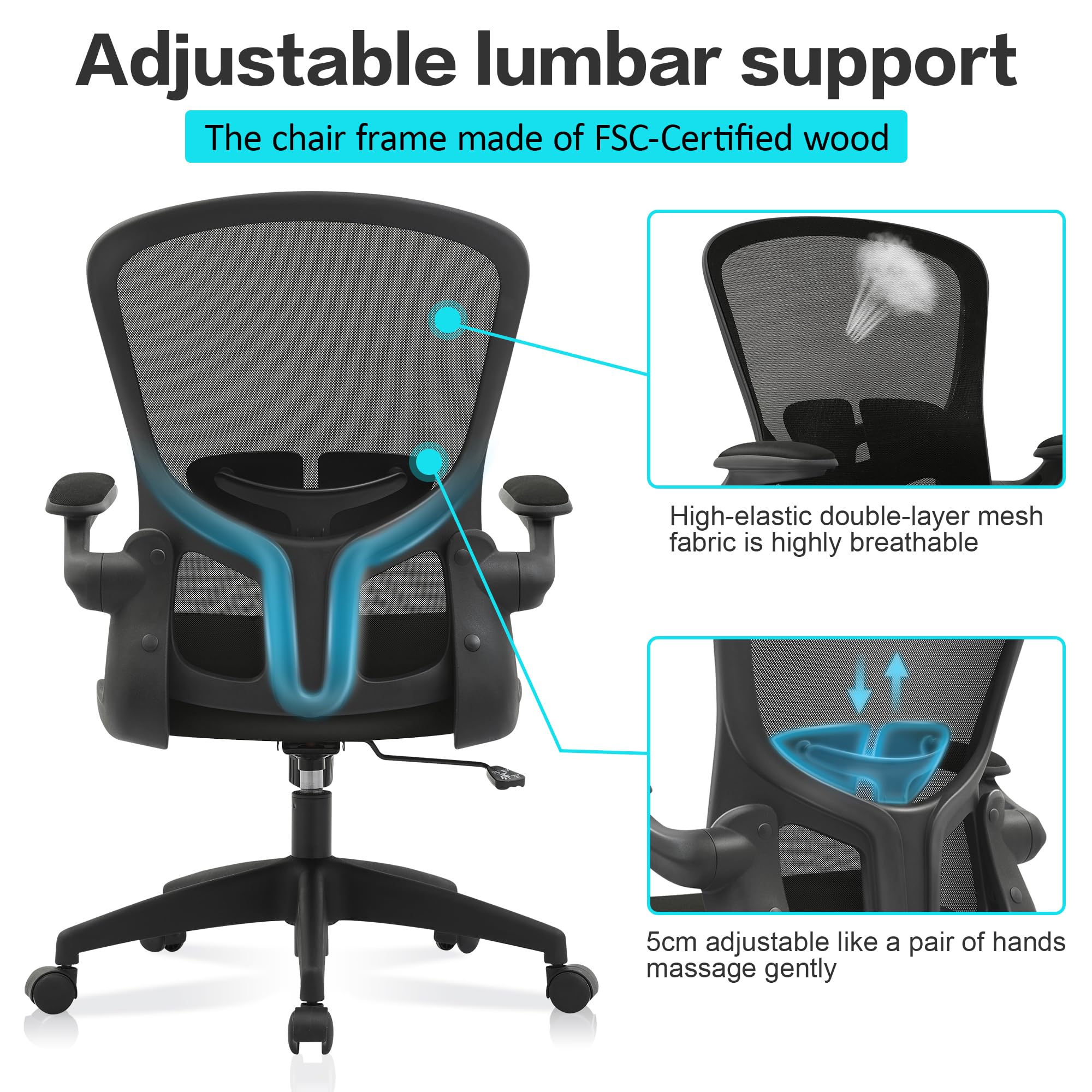 FelixKing Office Desk Chairs, Ergonomic PC Desk Chair with Wheels, Adjustable Lumbar Support and Height, Swivel Computer Chair with Flip-up Armrests, Ergo Mesh Backrest for Working (Black)