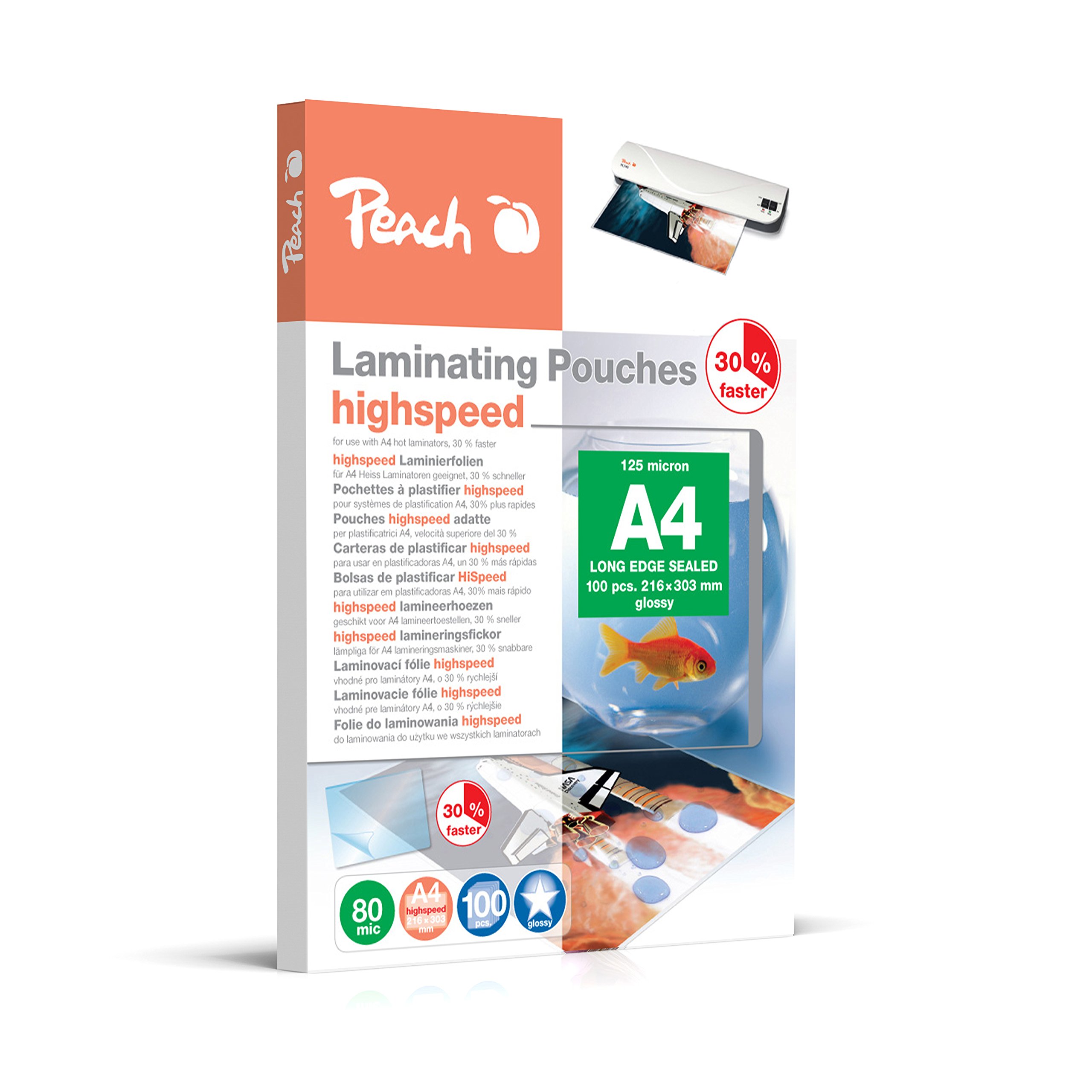 Peach Laminating Pouches A4-80 mic – 100 Pouches – Glossy High Speed – Can be Used in A3 Laminators of All Brand Manufacturers – PP580-22