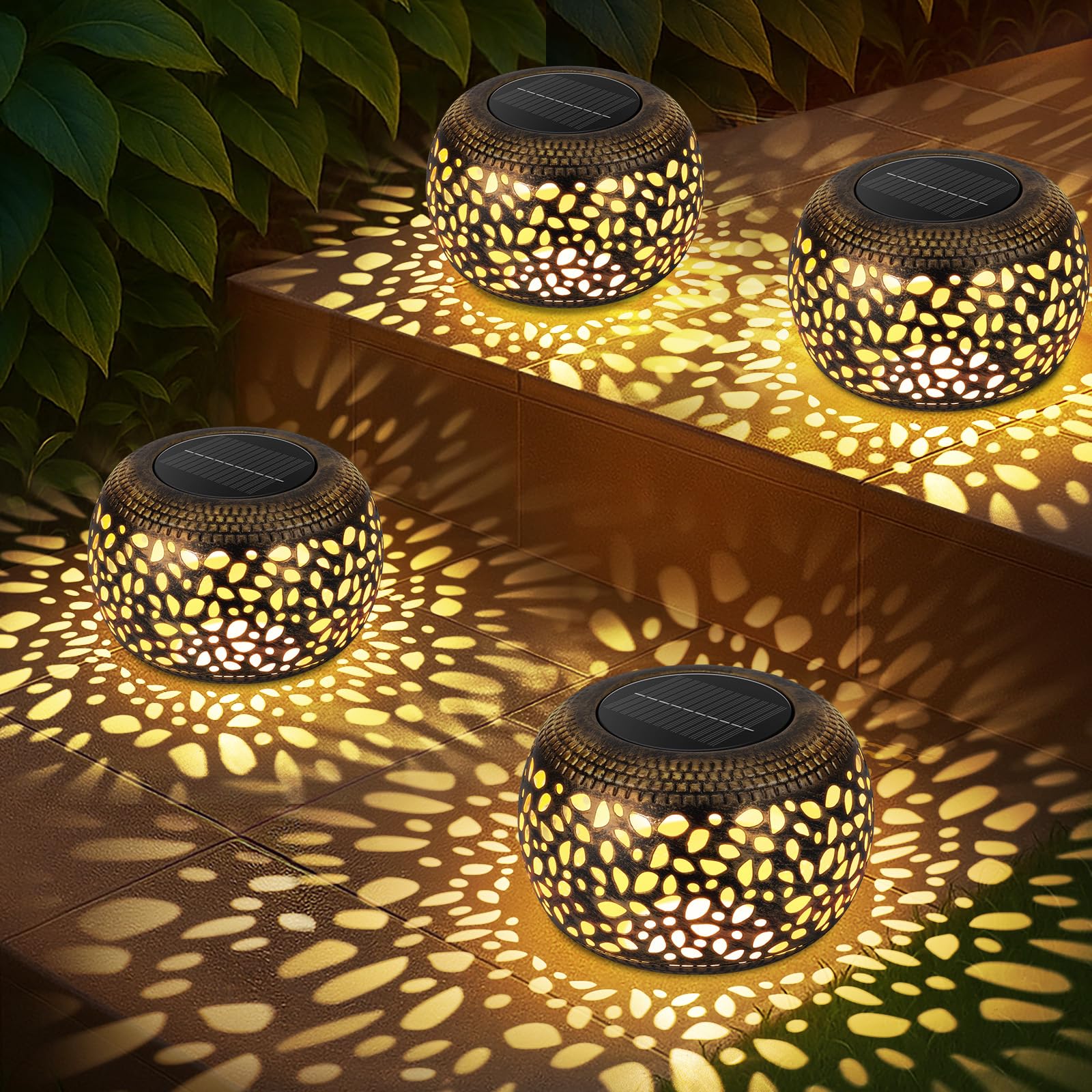 Photo 1 of Solar Lantern Outdoor Patio Decor: 4 Pack Solar Lanterns Outdoor Waterproof, Hollow Out Retro Metal Solar Lights, Yard Porch Garden Balcony Indoor Desk Bedroom Tabletop Decorations, 2 Lighting Colors