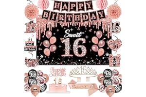 PLOZZY Sweet 16 Birthday Party Decorations for Girls,52Pcs PRE-STRUNG Rose Gold Black Set-16th Years Old Crown and Sash,Banner,Hanging Swirl,Backdrop,Cake Topper,Age Candle, Balloons, Pom Poms,PRE-ASSEMBLED