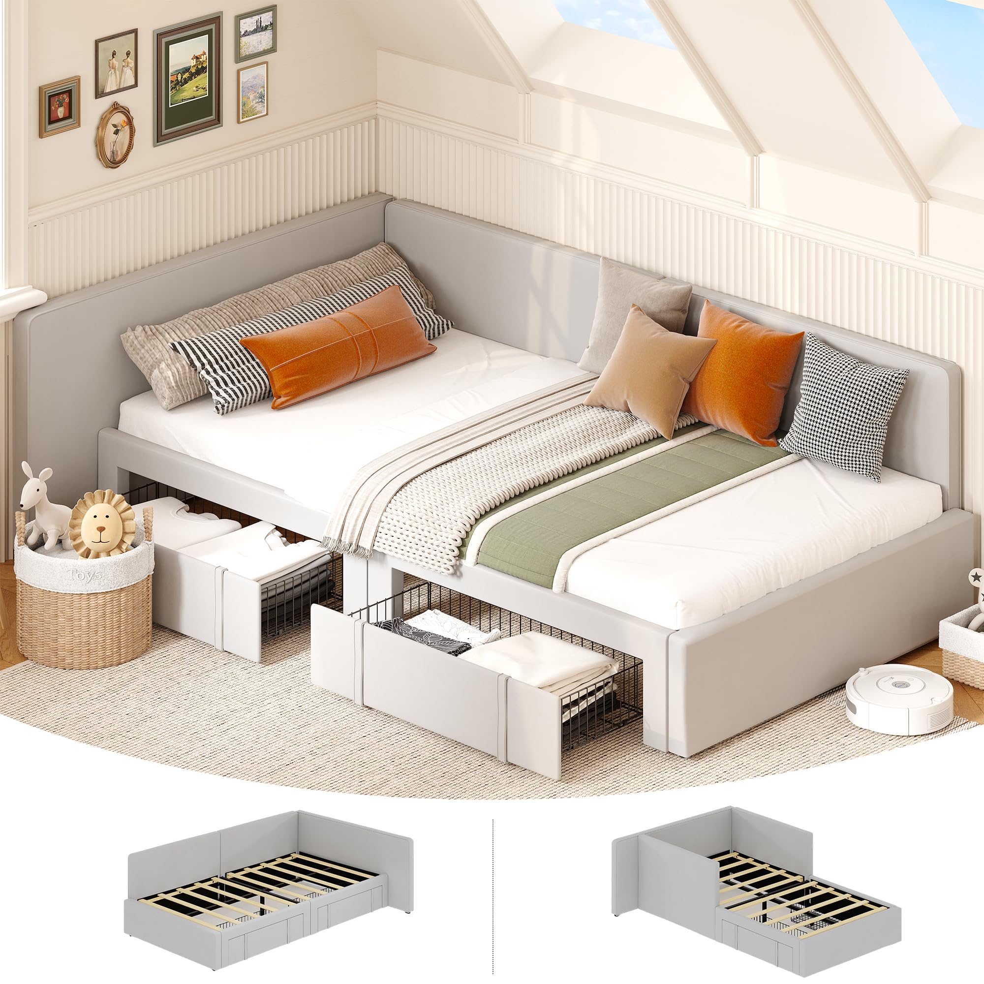 Photo 1 of GarveeHome Twin Daybed with Storage Drawers, Velvet Upholstered Corner Bed Frame with Headboard, Modern Kids Bed with Bed Rails for Living Room, Bedroom, Easy Assembly, Light Grey