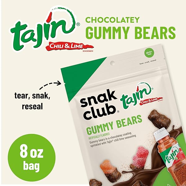 SNAK CLUB TAJIN CHOCOLATEY GUMMY BEARS, ASSORTED CHOCOLATE COVERED FRUIT CANDY GUMMIES WITH CHILI AND LIME SEASONING, MILD, GLUTEN-FREE SNACKS, 8 OZ RESEALABLE BAG
