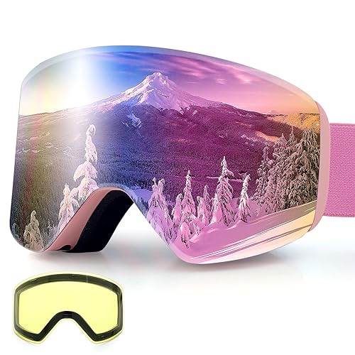 Dizokizo Ski Goggles Magnetic for Skiing Snowboard Anti-fog UV Protection Triple Breathable Foams Embossed Strap Universally Fit for Women Men(Include Yellow Lens)