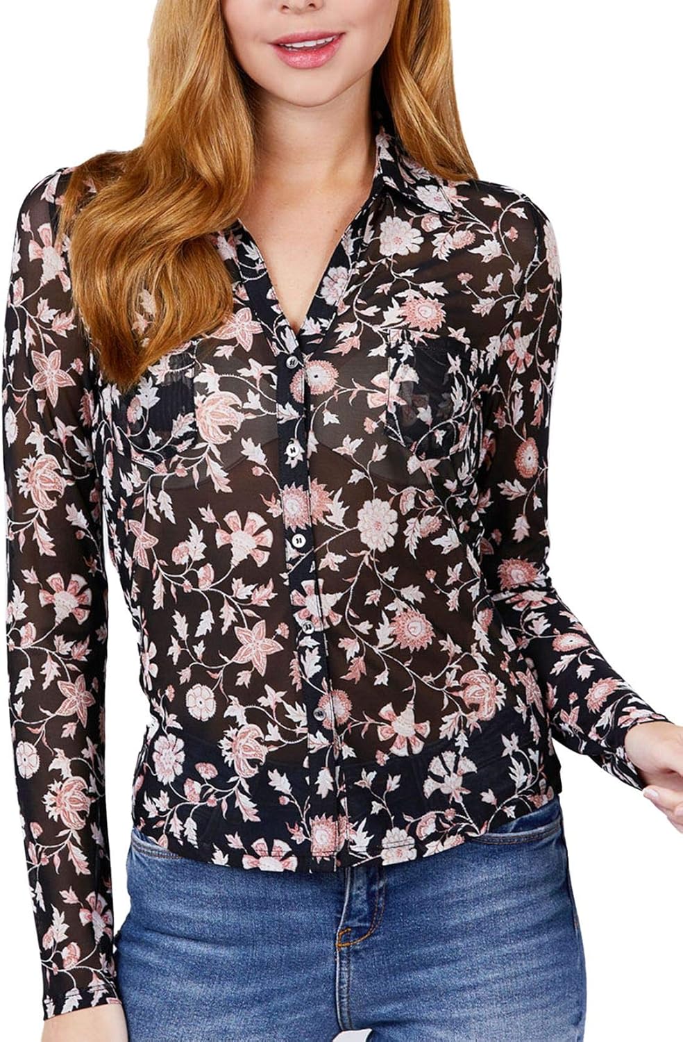 FashionMille Women Long Sleeve Sheer Floral Print Button Down Blouse