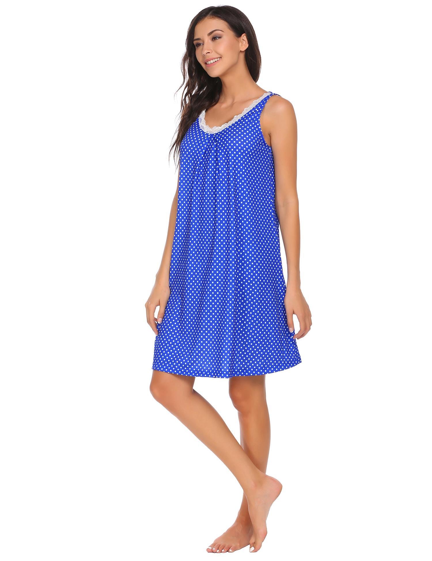 Damen Nachthemd Kleid Baumwolle spitze,6878_Blau,Small