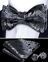 YOHOWA Mens Self Tie Bow Ties Black Grey Floral
