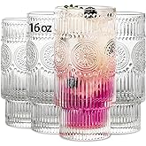 SoulTimes 4 Pack Large 16oz Ribbed Glassware Set, Flower Design Stackable Glass Cups, Vintage Textured Clear Striped Drinking Glasses Set, for Bar Beverages,Juice,Water,Cocktail,Iced Coffee